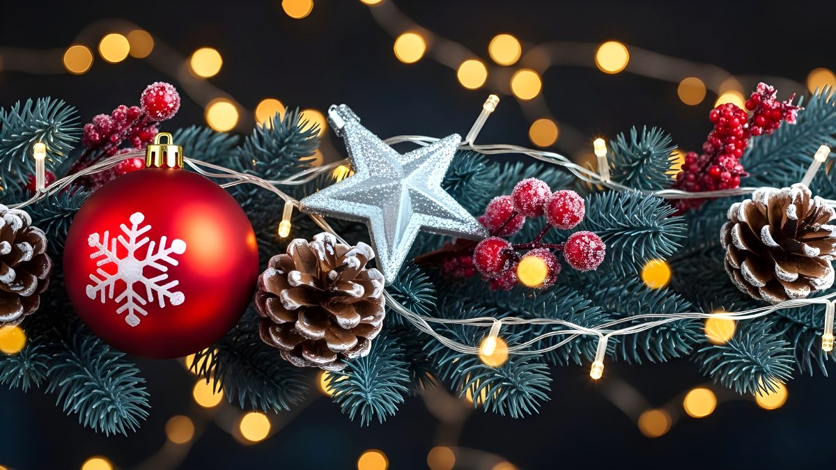 Festive christmas decoration with red bauble silver star and pine cones on fir branches with lights stock photo