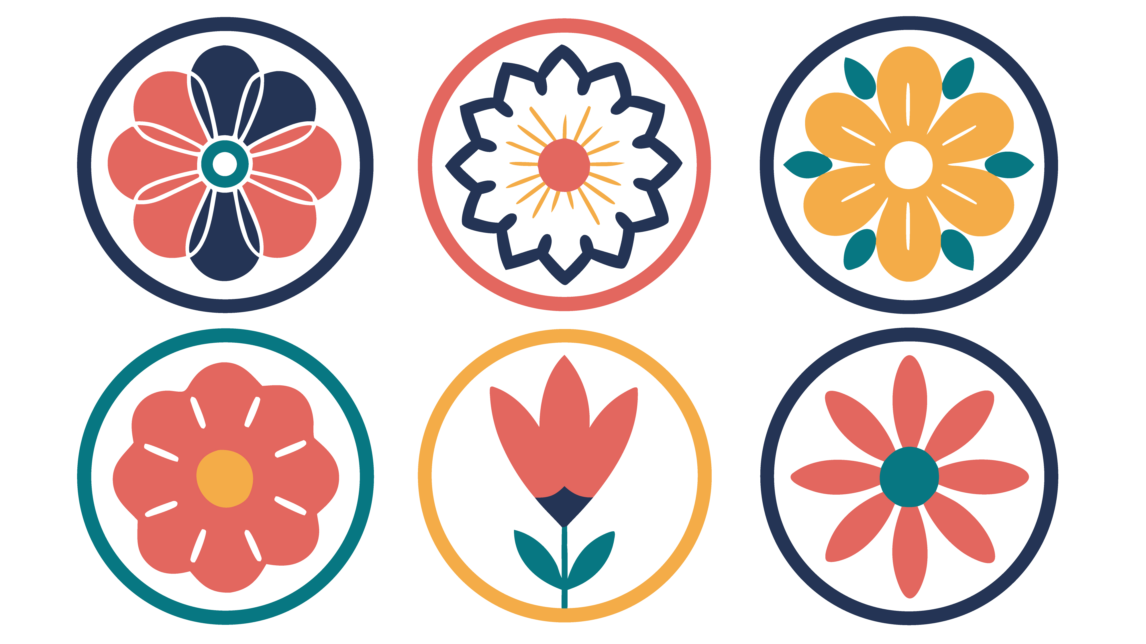 Set of colorful flat flower icons in circular frames for graphic design and web decoration elements illustration
