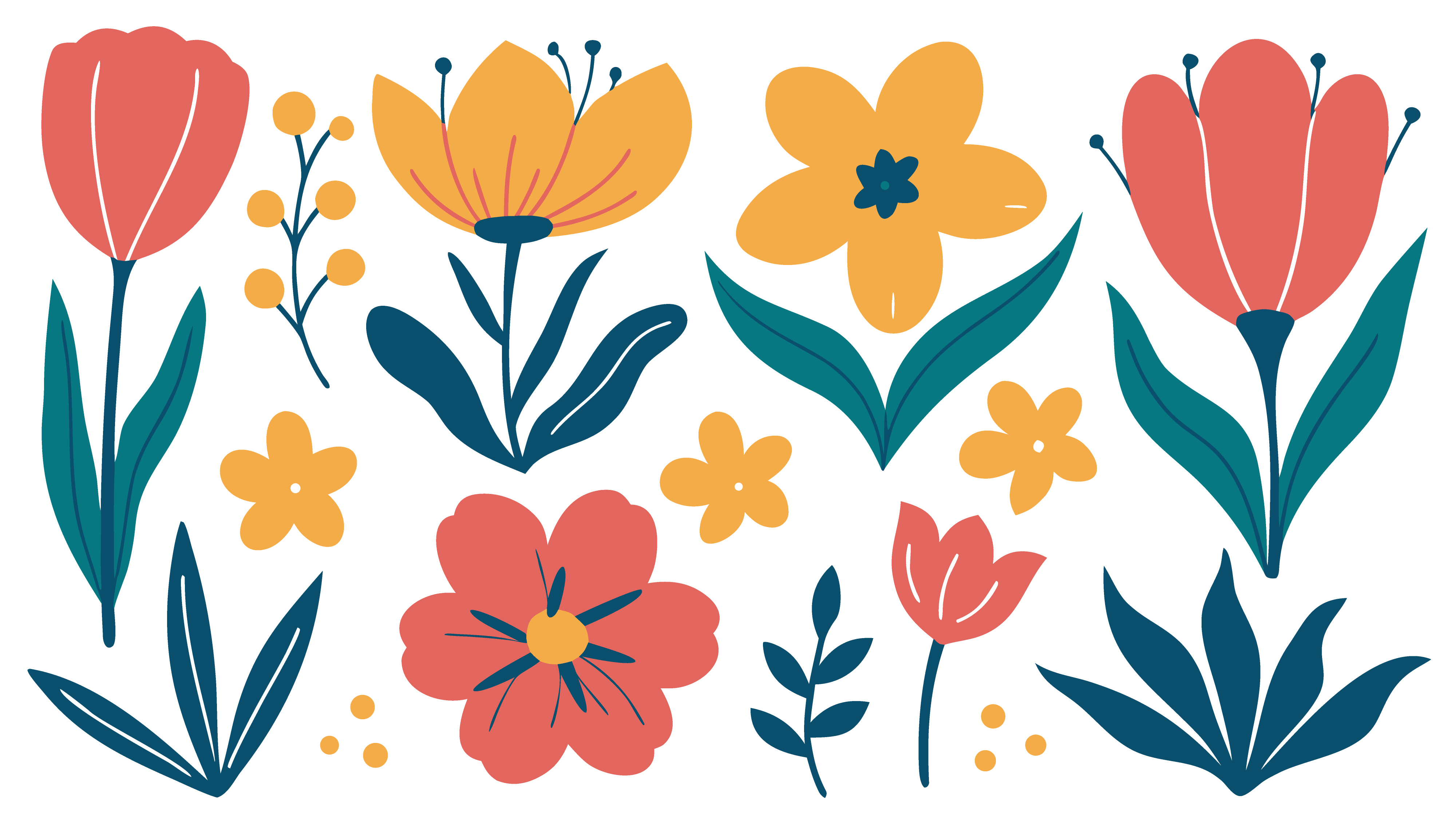 Set of colorful flat vector flowers and botanical elements for spring design and greeting cards illustration