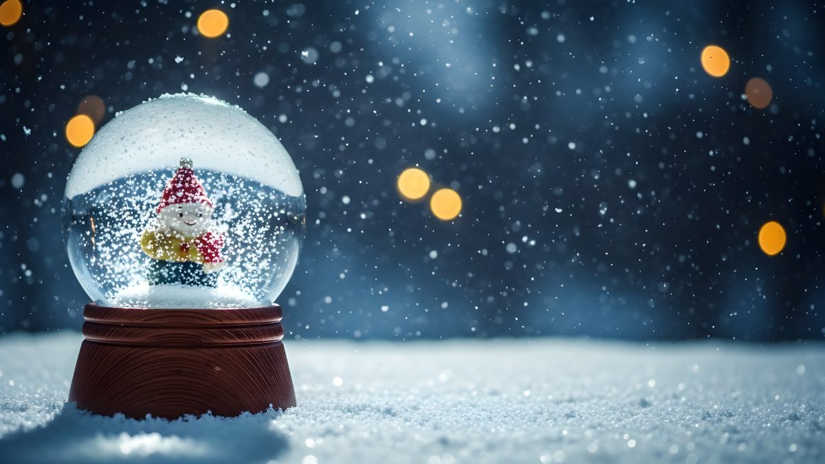 Christmas snow globe with snowman figurine on snowy ground with bokeh lights background stock photo