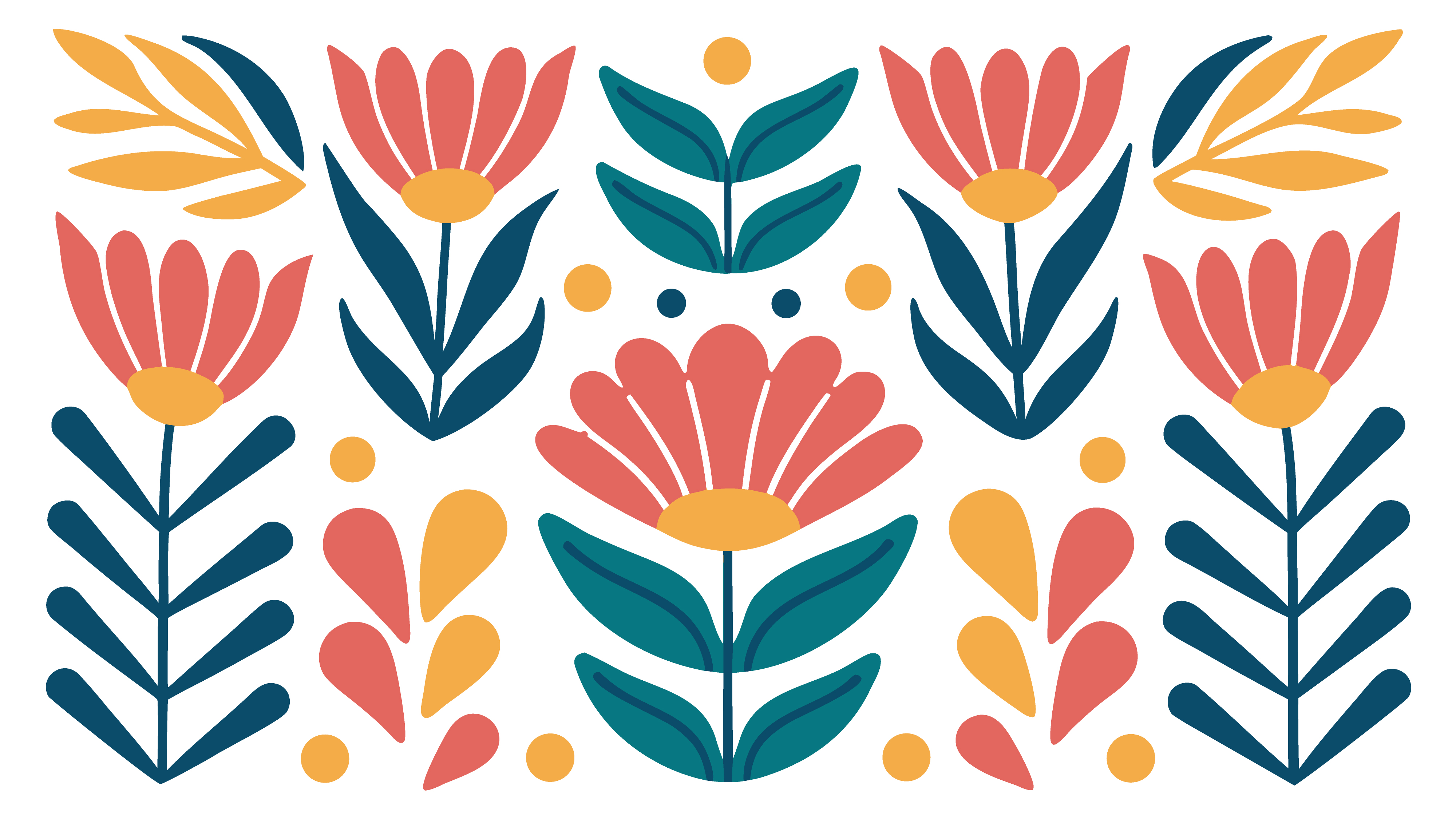 Colorful floral pattern with flat stylized flowers and leaves for spring design background illustration