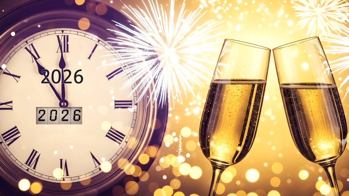 New years eve 2026 celebration with champagne glasses and clock at midnight stock photo