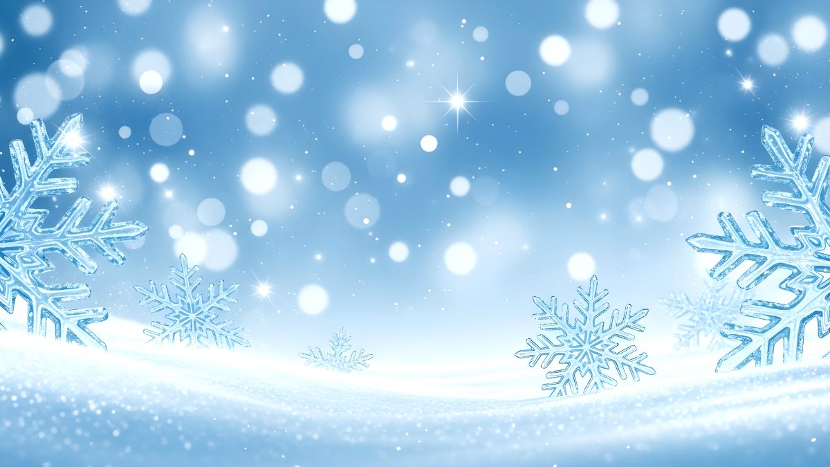 Blue winter background with snowflakes and glowing bokeh lights for christmas holiday celebration stock photo