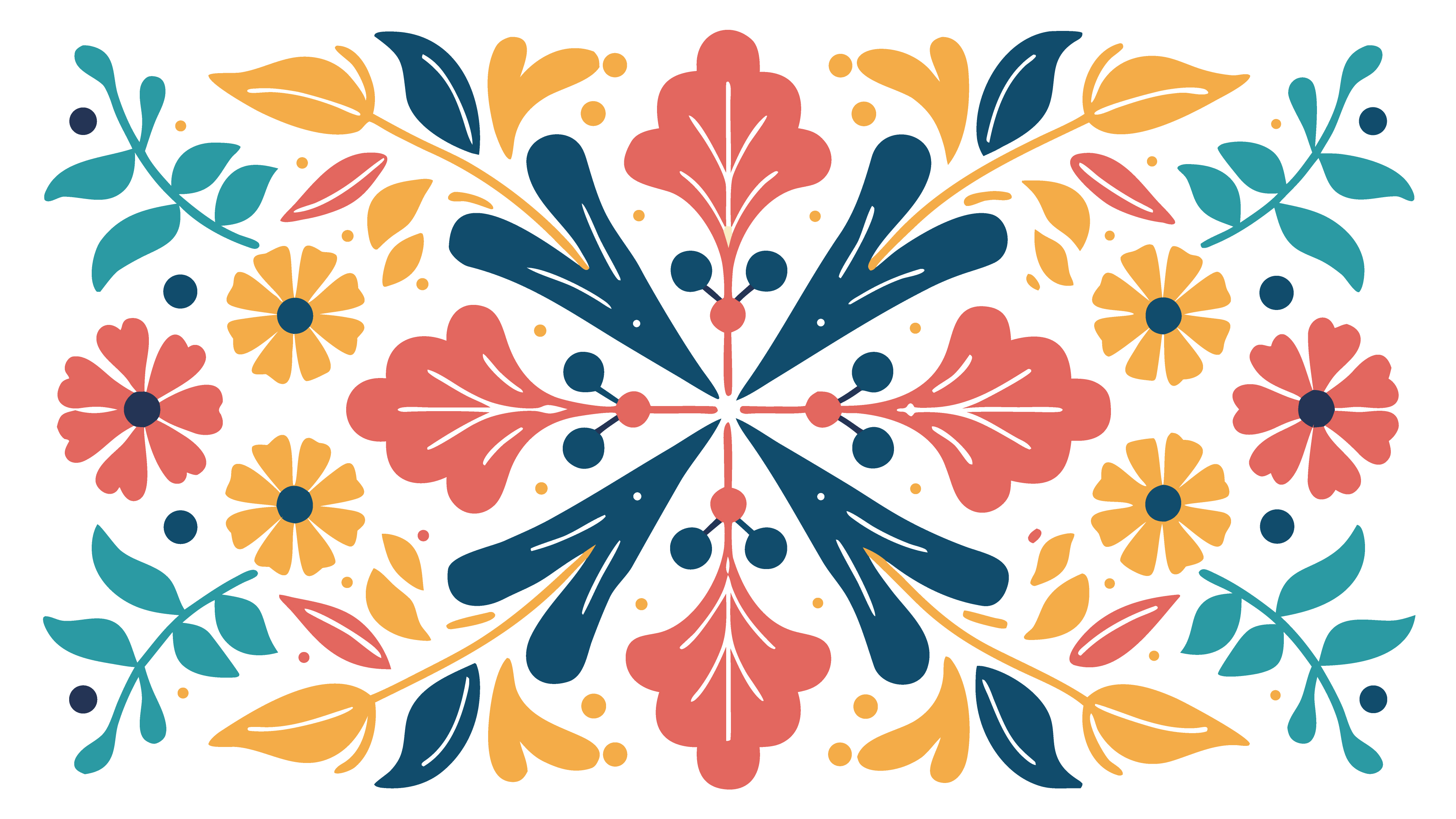 Colorful floral pattern with symmetrical botanical elements and flat vector flowers for design illustration