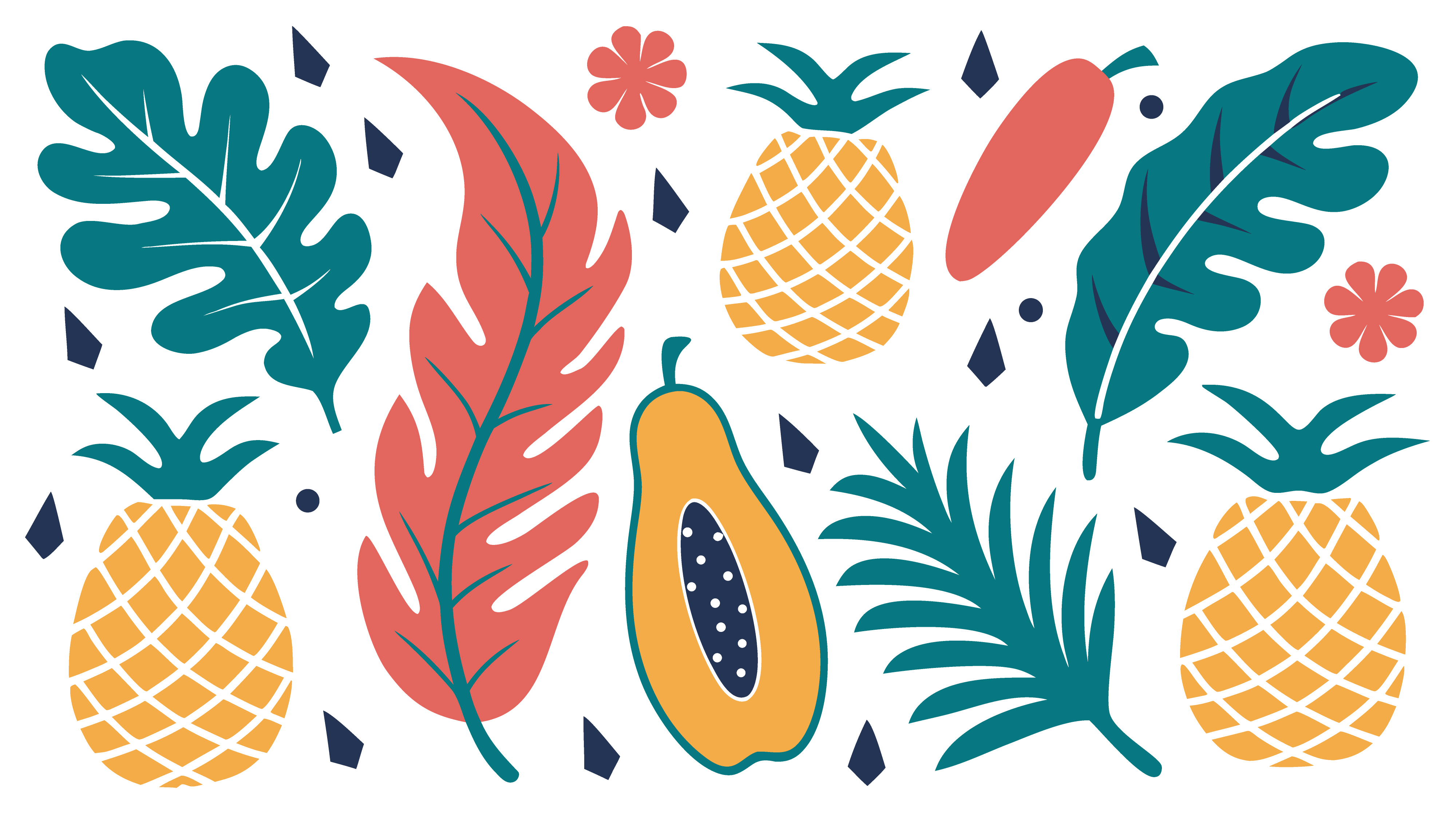 Tropical fruit and palm leaf pattern set with pineapple papaya and exotic foliage elements illustration