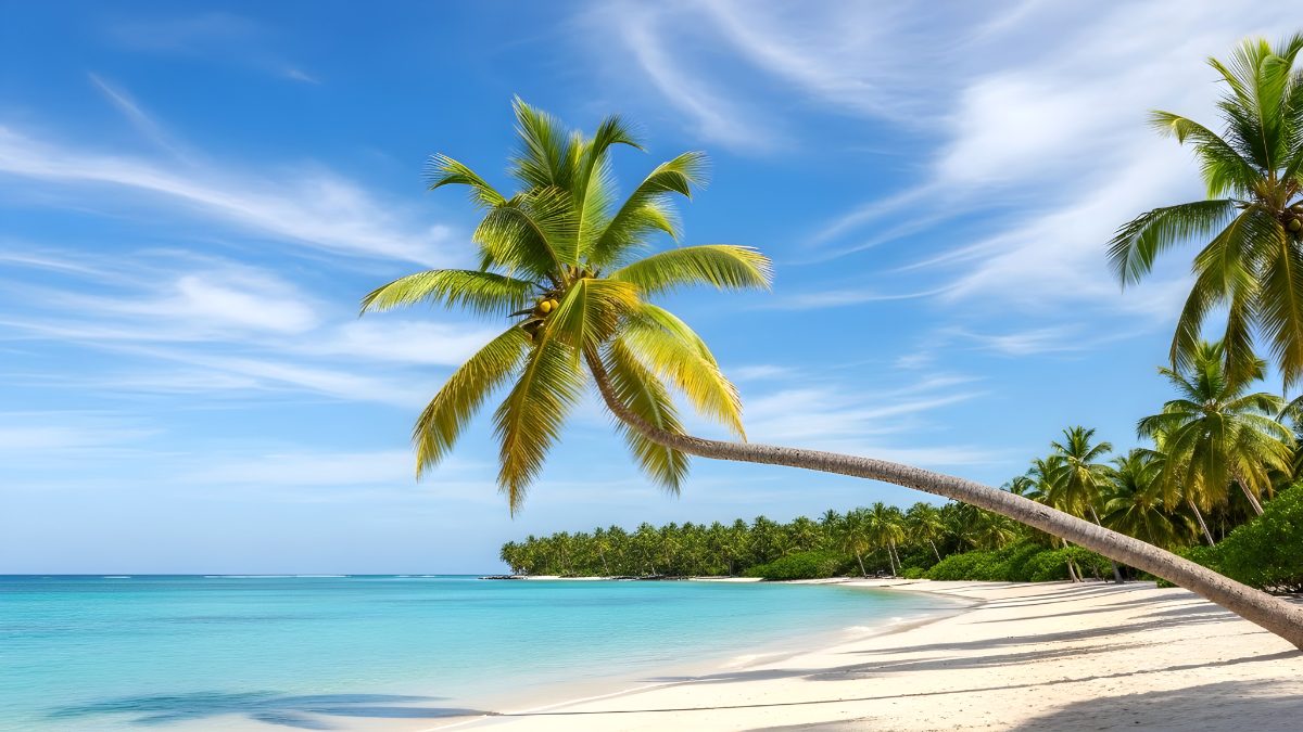 Tropical beach landscape with leaning palm tree on white sand under blue sky for summer vacation stock photo
