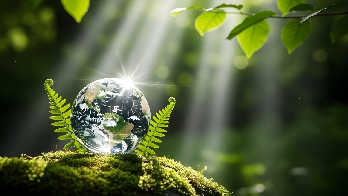Glass earth globe resting on mossy forest floor with sun rays shining through green leaves stock photo