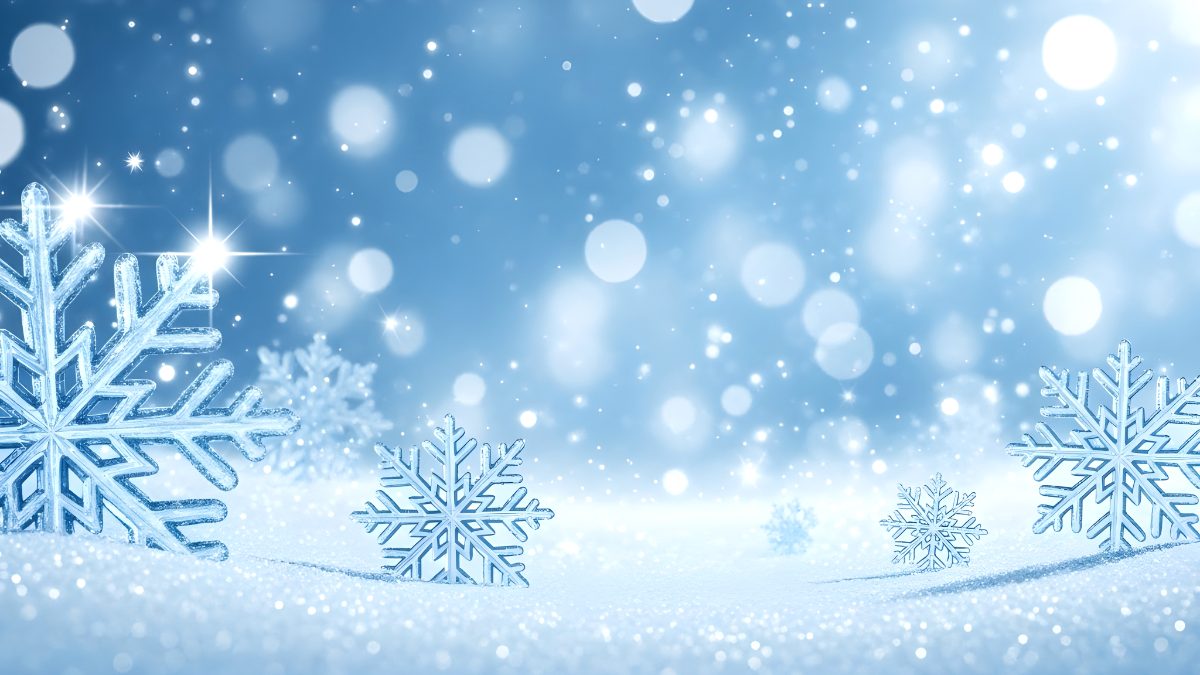 Blue christmas background with decorative snowflakes and glowing bokeh lights for winter holidays stock photo