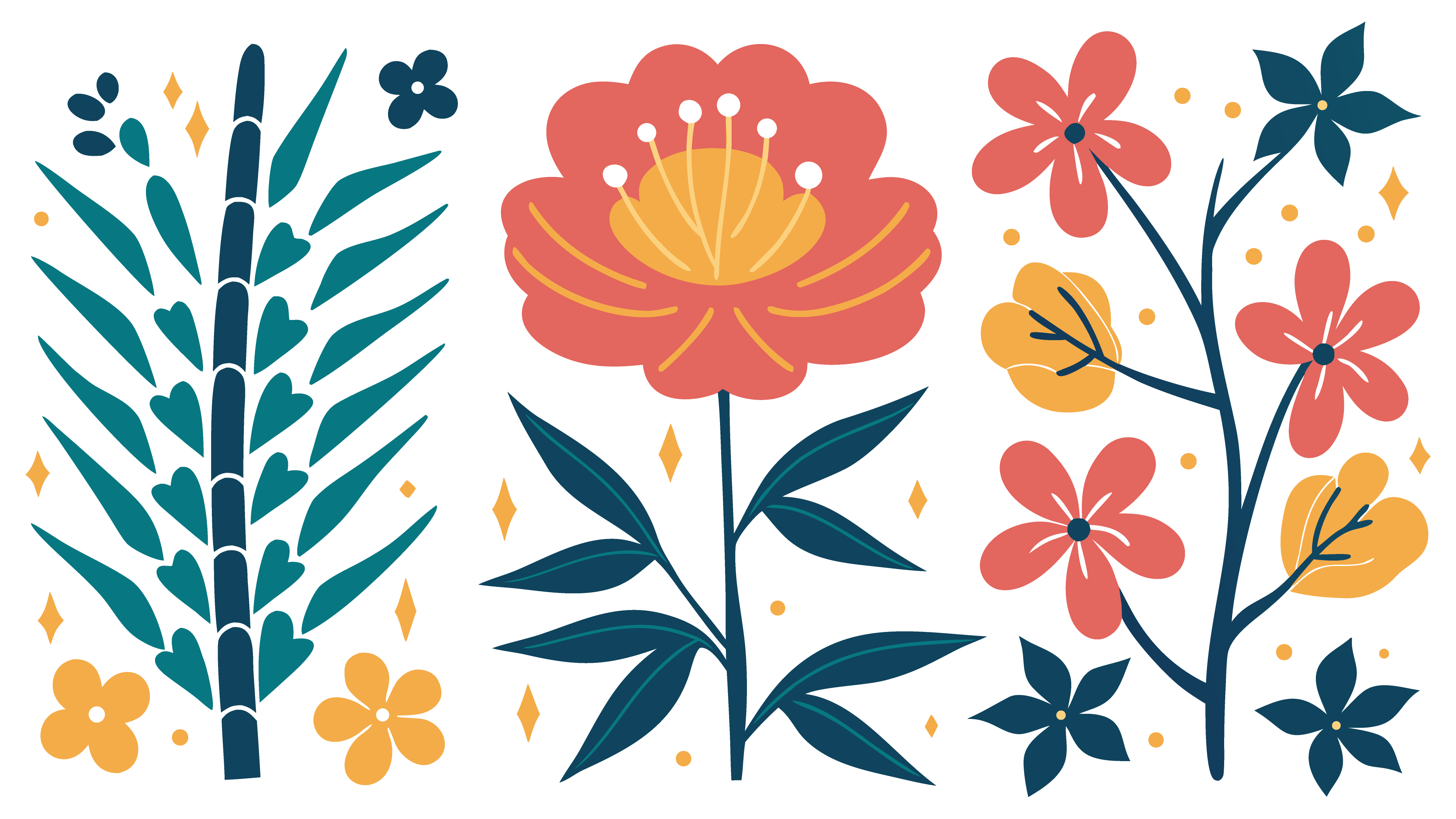 Decorative floral set with hand drawn botanical elements and colorful spring flowers illustration