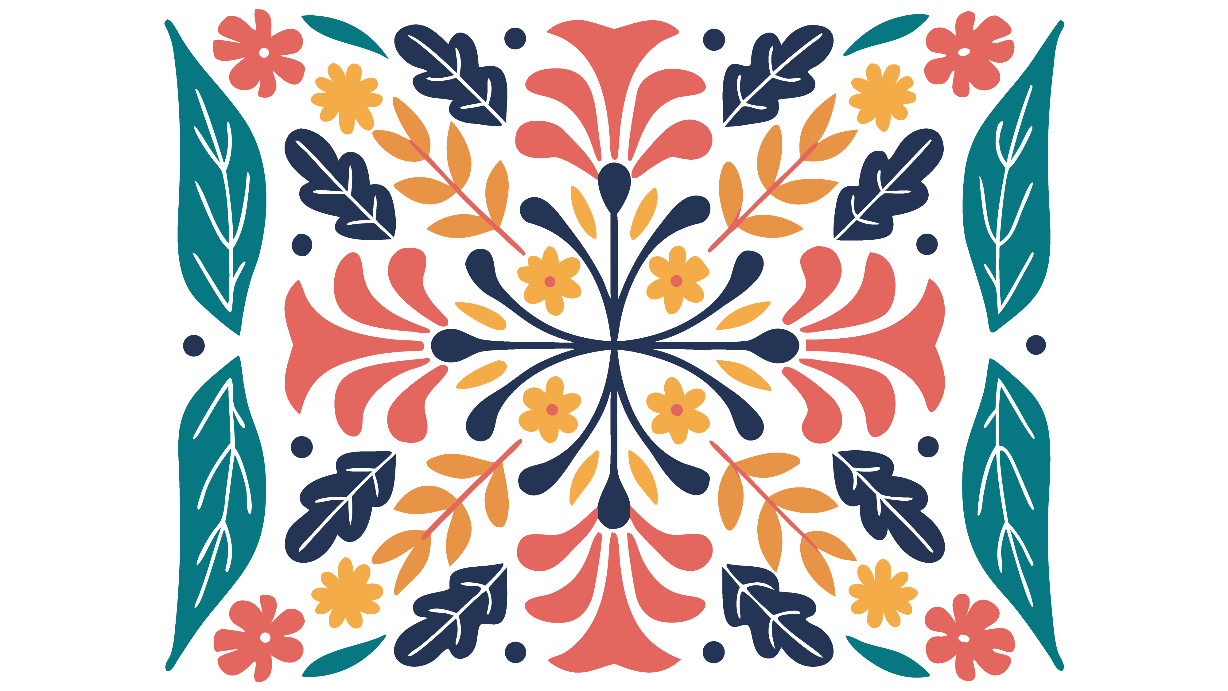 Decorative floral tile pattern with symmetrical botanical elements and colorful flat vector shapes illustration