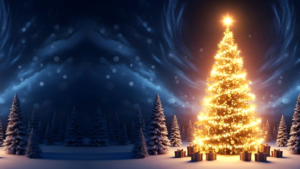 Illuminated christmas tree with glowing lights and gift boxes in a snowy winter forest at night stock photo