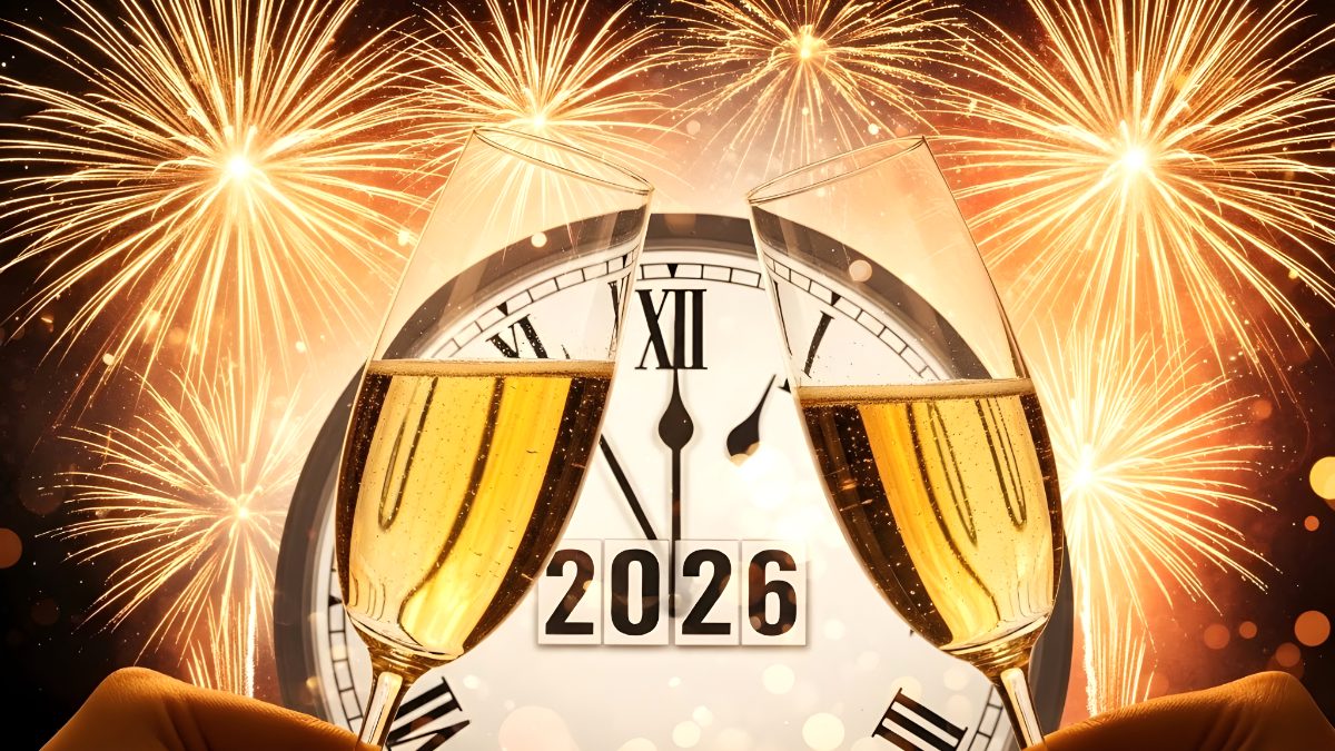 Two champagne glasses toasting for new year 2026 celebration with fireworks and clock background stock photo