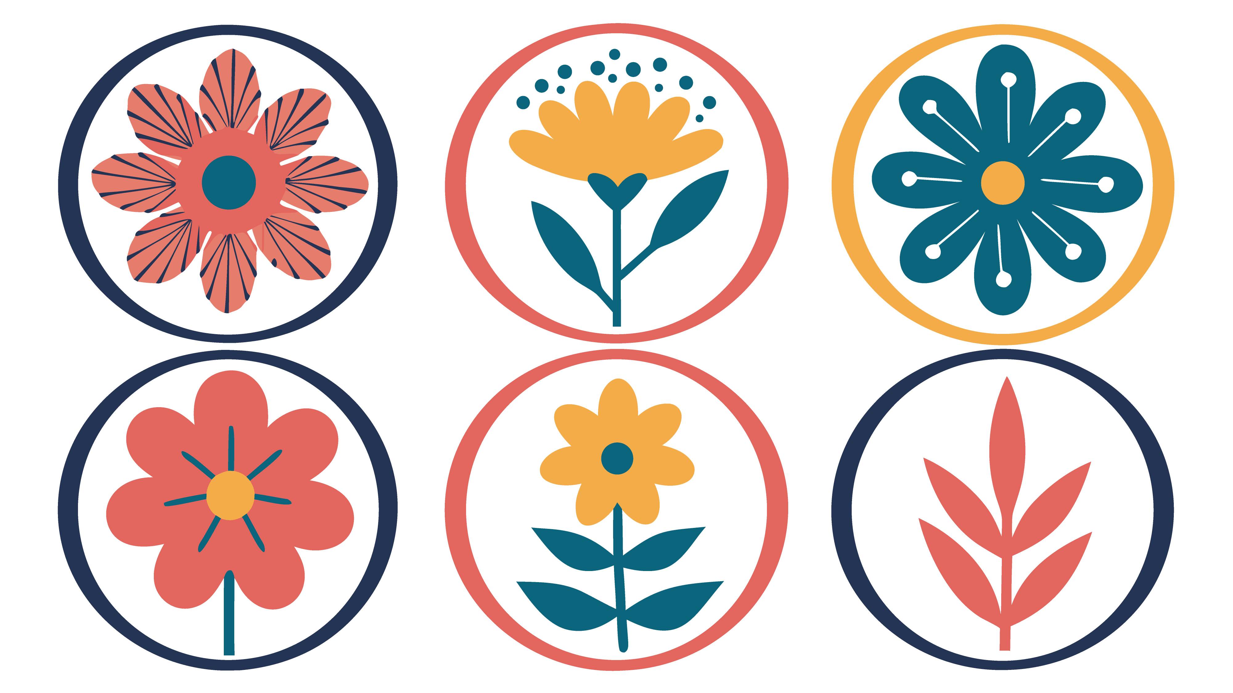 Set of colorful flat floral icons with botanical elements for spring and summer design projects illustration