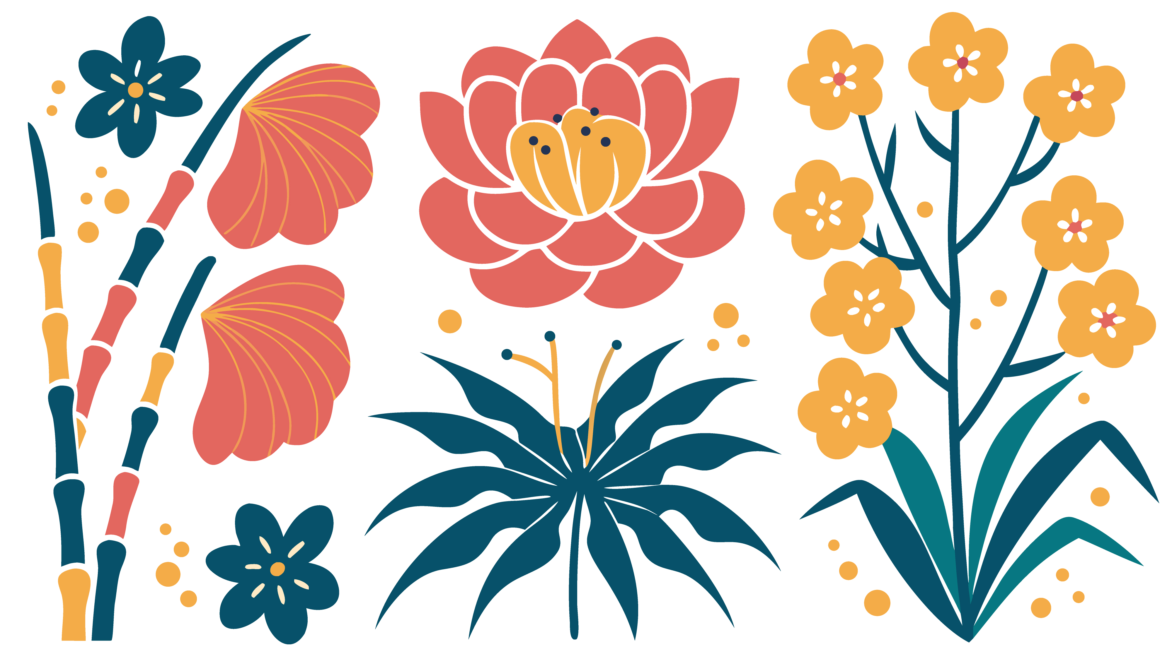 Set of flat vector floral elements with lotus and bamboo branches for spring design projects illustration
