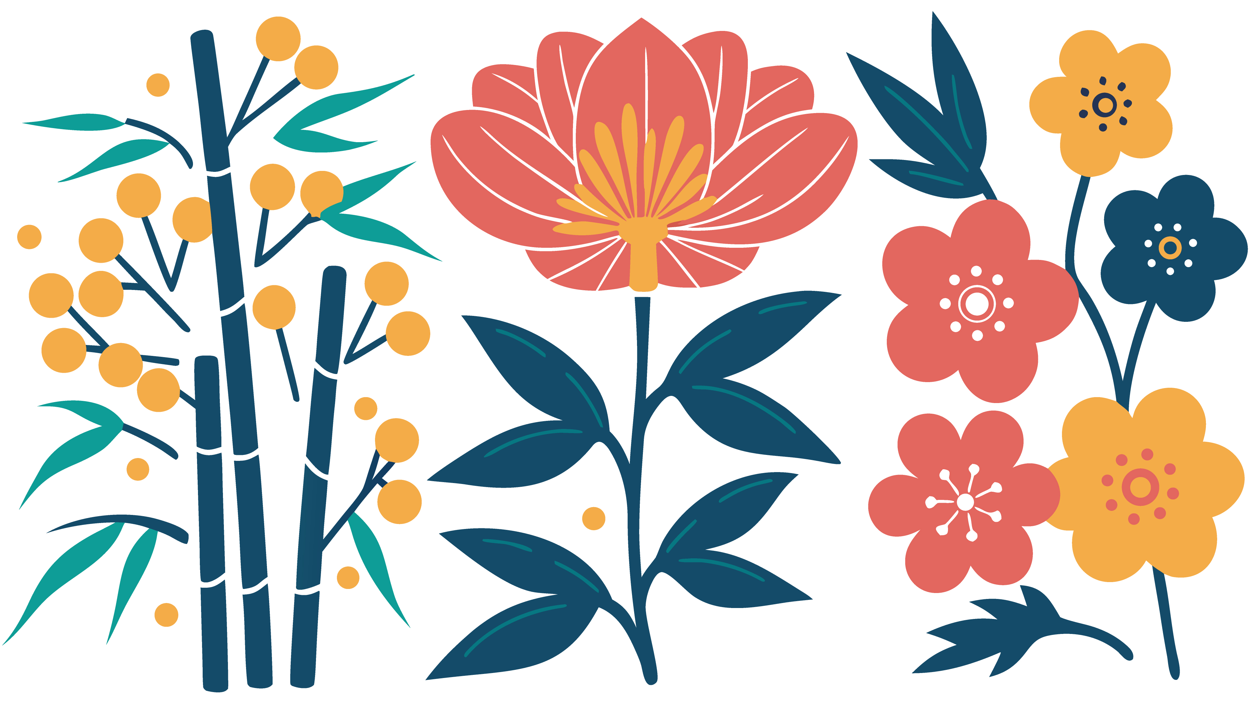 Flat vector illustration of colorful spring flowers and bamboo stalks for floral design projects