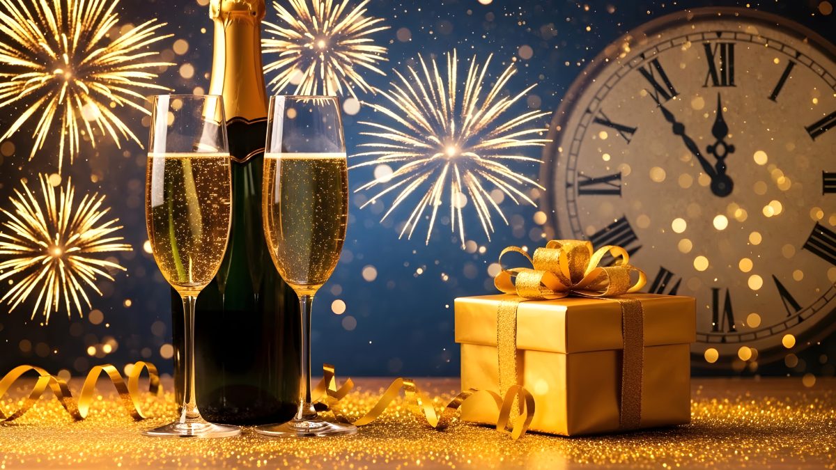 New years eve celebration with champagne glasses and golden gift box against fireworks background stock photo