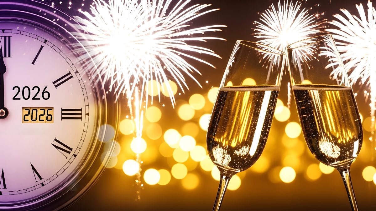 New years eve 2026 celebration with champagne glasses and clock at midnight stock photo