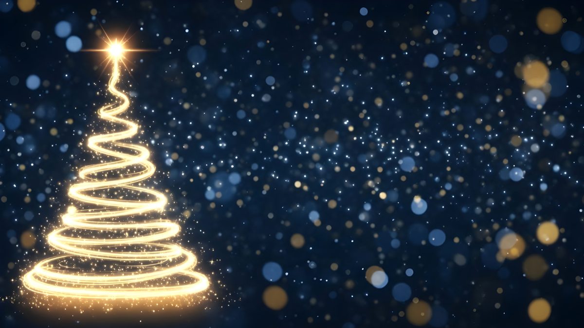 Glowing illuminated christmas tree lights sparkling winter night background stock photo